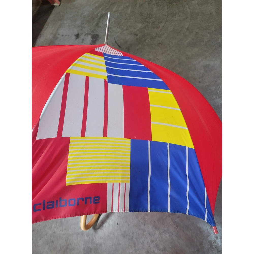 Liz Claiborne Vintage Red Geometric Patchwork Umbrella Curved Wood Handle
